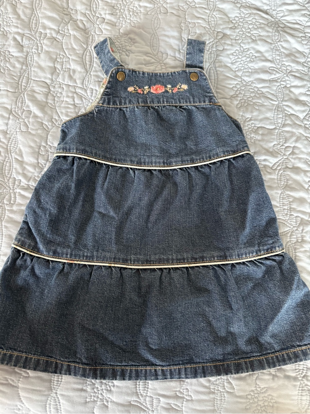 Janie and Jack Denim Pinafore Dress with Pink Floral Embroidery - Blue